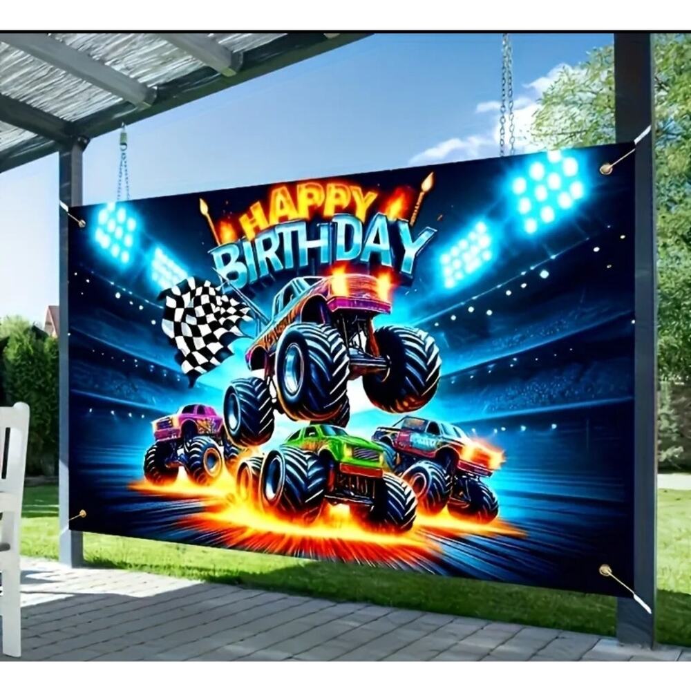 Monster truck themed birthday backdrop 71 x 44 inches